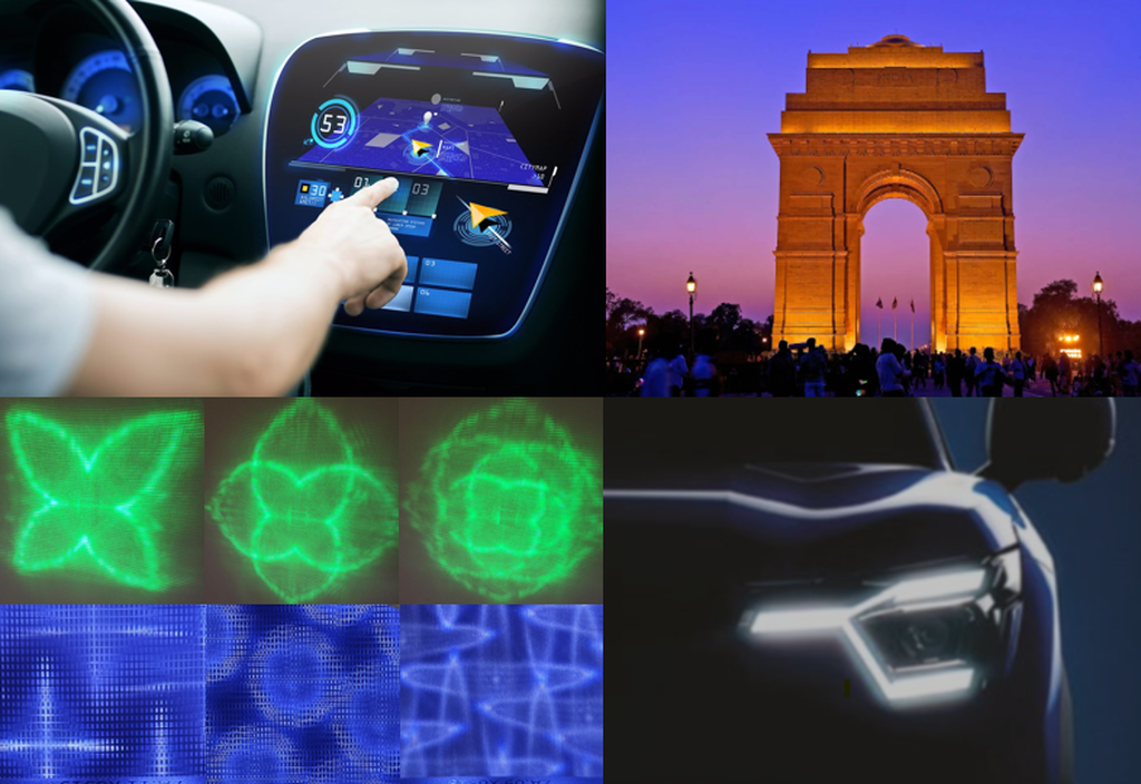 An automobile's digital dashboard, an arch, laser paterns, and a car's headlight.