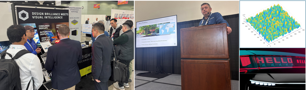 Charles presenting to onlookers, Mike Murphy presenting BrightView's capabilities, a graph, and a taillight that has our film in it.