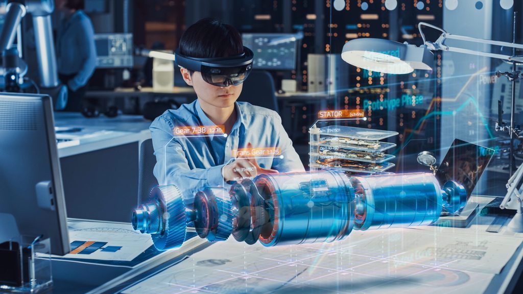 A technology worker using augmented reality vision to perform engineering duties.